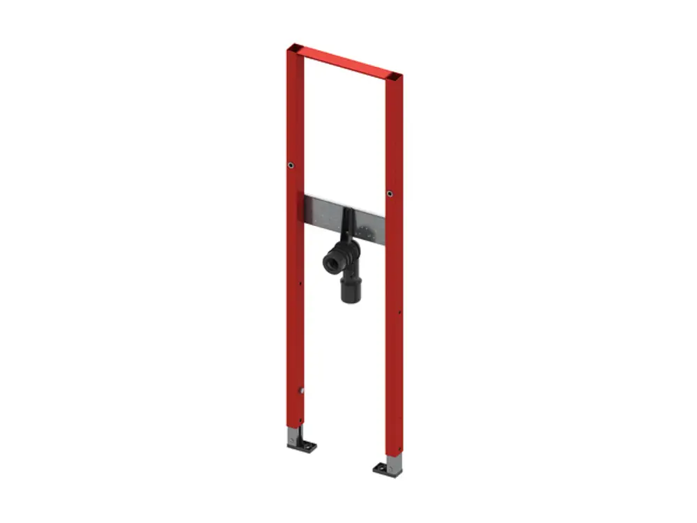 TECE Waschtisch-Modul in roter Farbe mit Wandbefestigung, bestehend aus einem stabilen Rahmen und einer anschlussfertigen Armatur. Ideal für Badezimmerinstallationen.